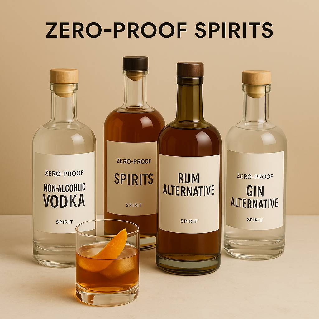 A selection of non-alcoholic spirits including vodka, rum, gin, and whiskey alternatives displayed with a cocktail glass and orange garnish on a beige background.