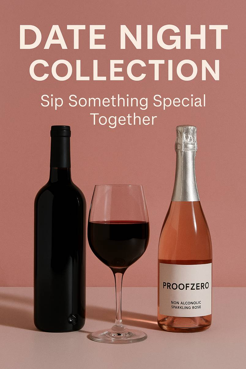 Non-alcoholic red wine, sparkling rosé, and a filled wine glass arranged on a soft rose-colored surface, styled for a cozy and romantic date night setting.