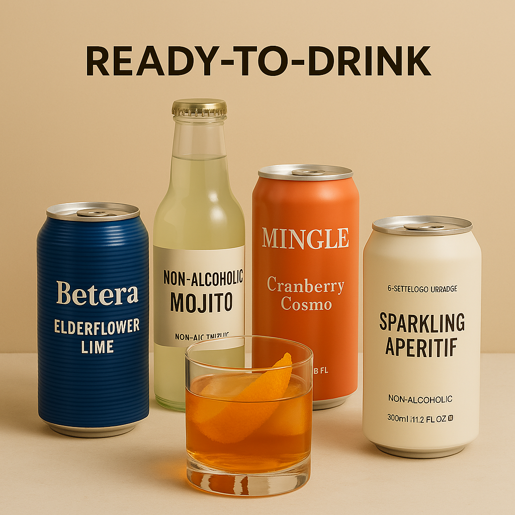 A variety of non-alcoholic ready-to-drink beverages including canned spritzers, mojito, and aperitif displayed on a beige surface with a neutral backdrop.