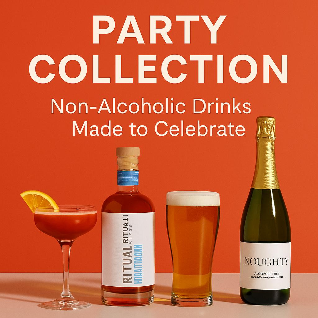 Non-alcoholic party drinks including a mocktail, whiskey alternative, non-alcoholic beer, and sparkling wine displayed on a vibrant red-orange background with celebratory styling.