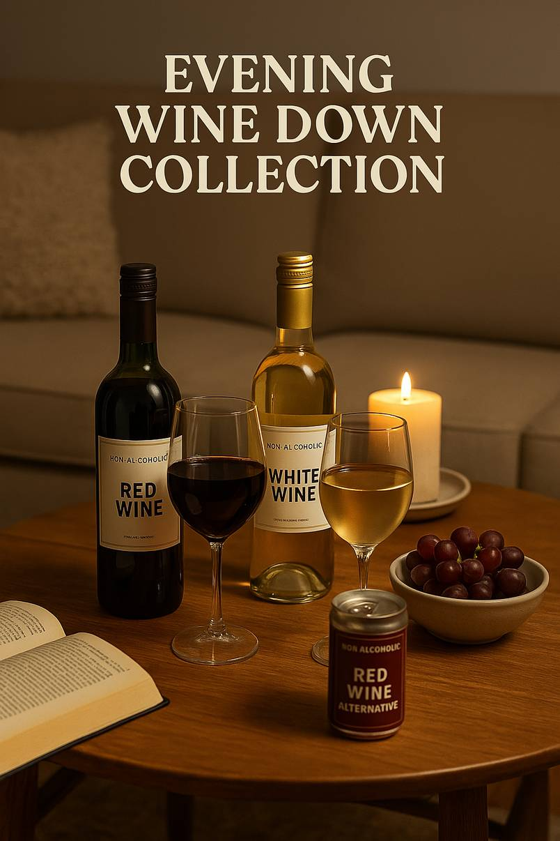 Non-alcoholic wines, wine glasses, grapes, and an open book arranged on a wooden table with candlelight, creating a calm and cozy evening setting.