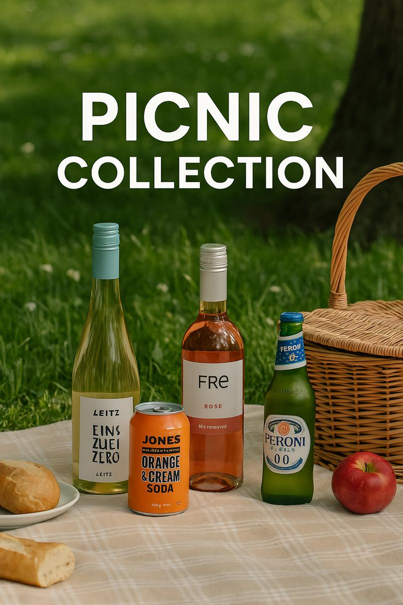 A sunlit picnic setup with non-alcoholic drinks including rosé, Riesling, and canned spritzers arranged on a beige checkered blanket in a green park setting.