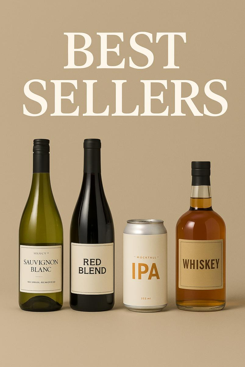 Top-rated non-alcoholic beverages including white wine, red blend, mocktail can, and whiskey alternative arranged on a light wood surface with a neutral background.