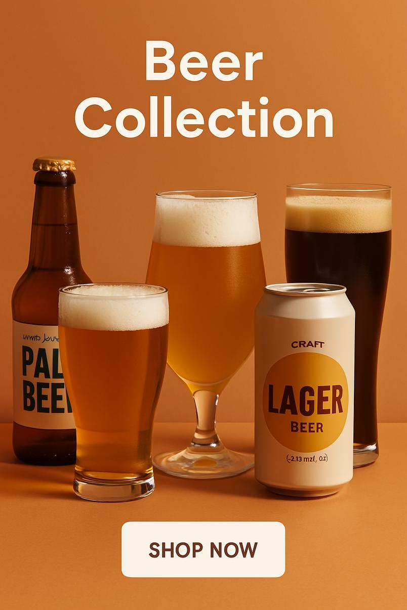 A lineup of non-alcoholic beers including bottled pale ale, amber beer in a pint glass, hazy beer in a tulip glass, and a sleek lager can set against a warm orange background.