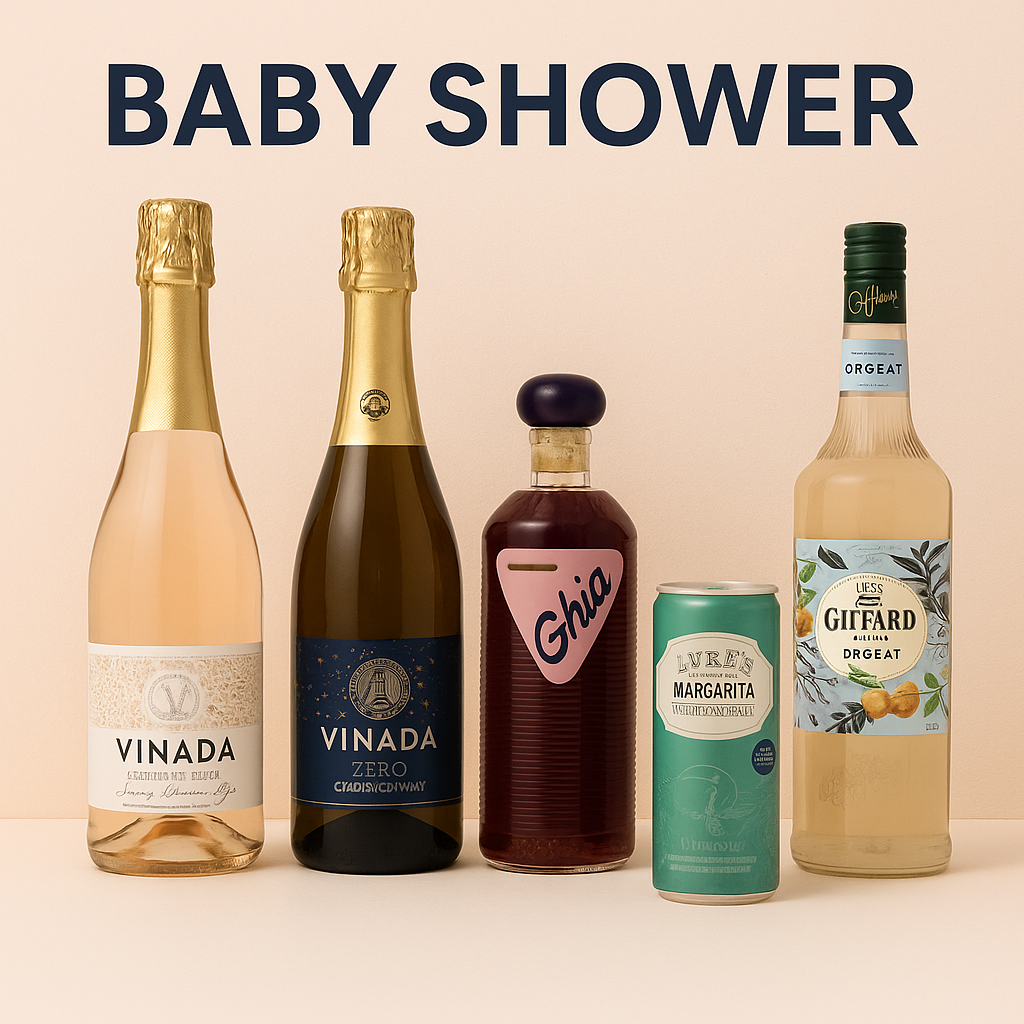 Non-alcoholic drinks for baby showers, including sparkling wine alternatives, alcohol-free beer, and soda, displayed in a pastel-themed setting for expecting moms and guests.