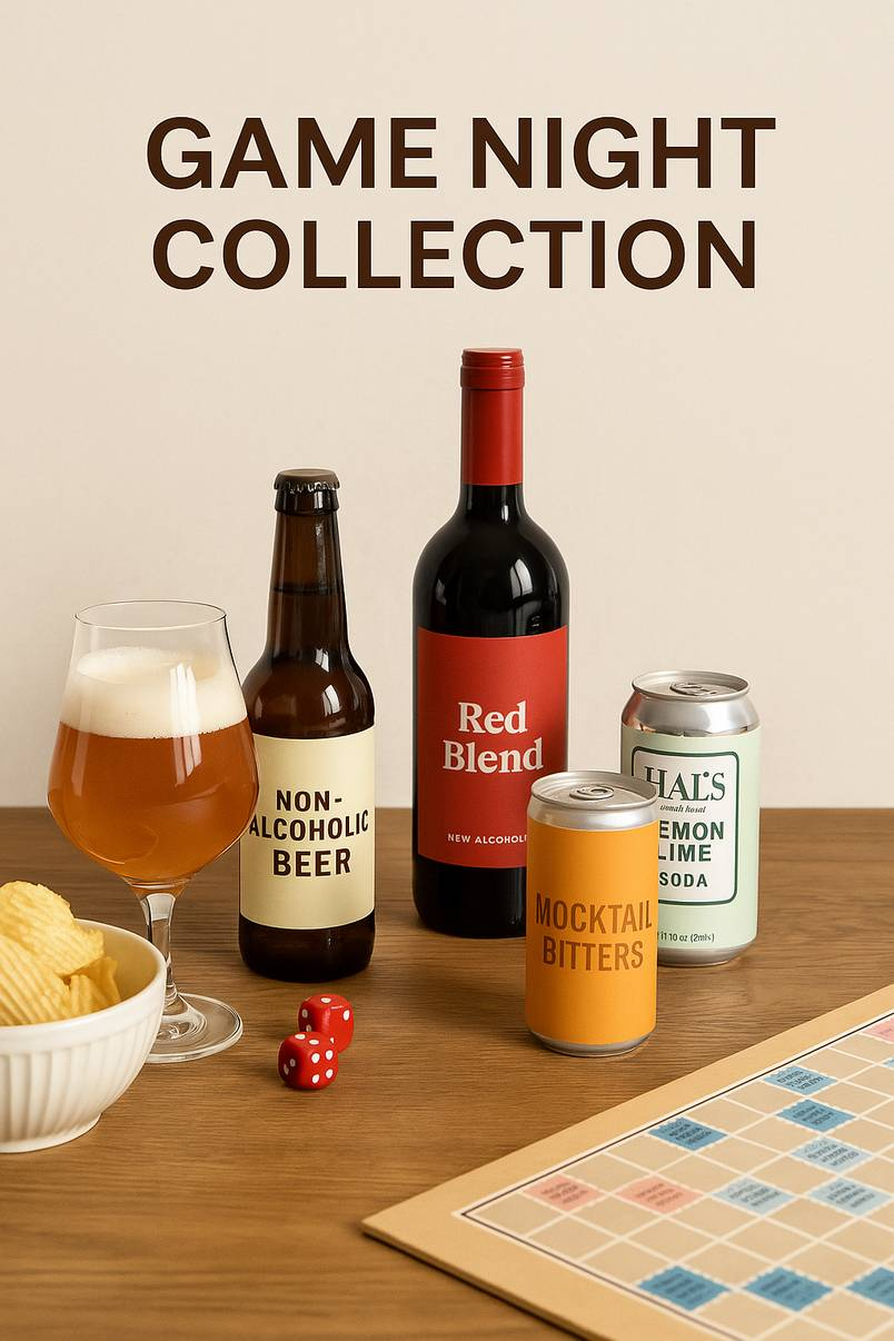 Non-alcoholic drinks including beer, red blend, soda, and cocktail-style beverages arranged on a wooden table with snacks, set for a casual game night.
