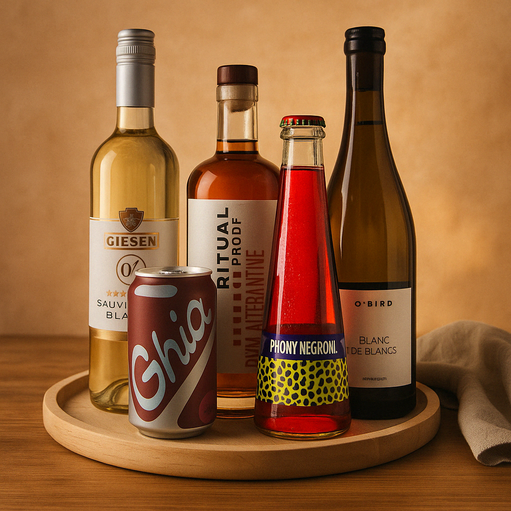 A variety of non-alcoholic drinks including Sauvignon Blanc, red blend, gin alternative, IPA beer, and whiskey arranged in a row against a neutral beige backdrop.