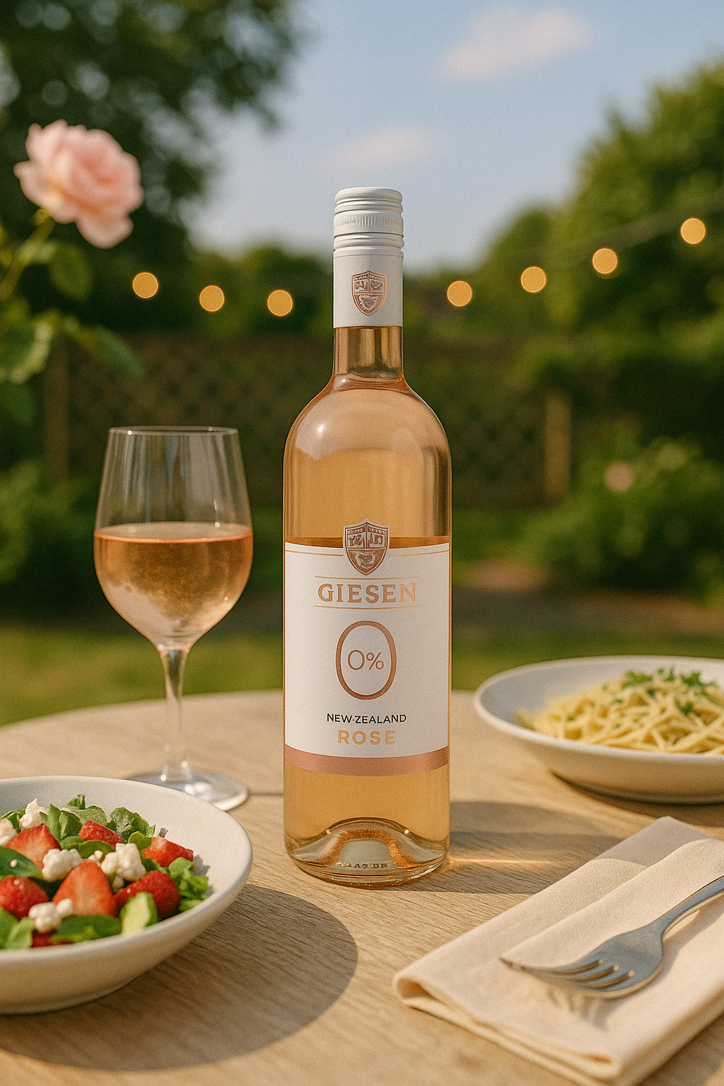 “Giesen 0% Rosé – non-alcoholic rosé wine bottle”
“Crisp alcohol-free pink wine with berries and citrus – Giesen Rosé”