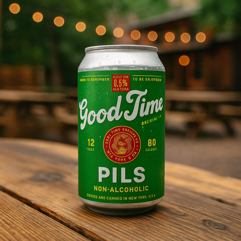 “Good Time Pils – non-alcoholic pilsner beer can with crisp finish”