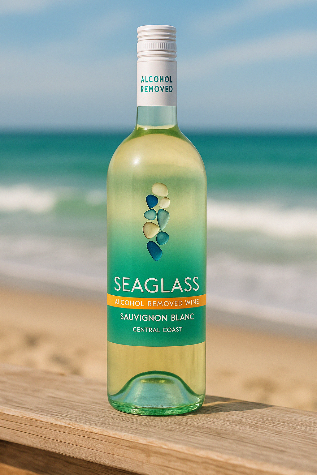 “SeaGlass Sauvignon Blanc – alcohol-free white wine bottle”
“Crisp non-alcoholic Sauvignon Blanc from California coast”
