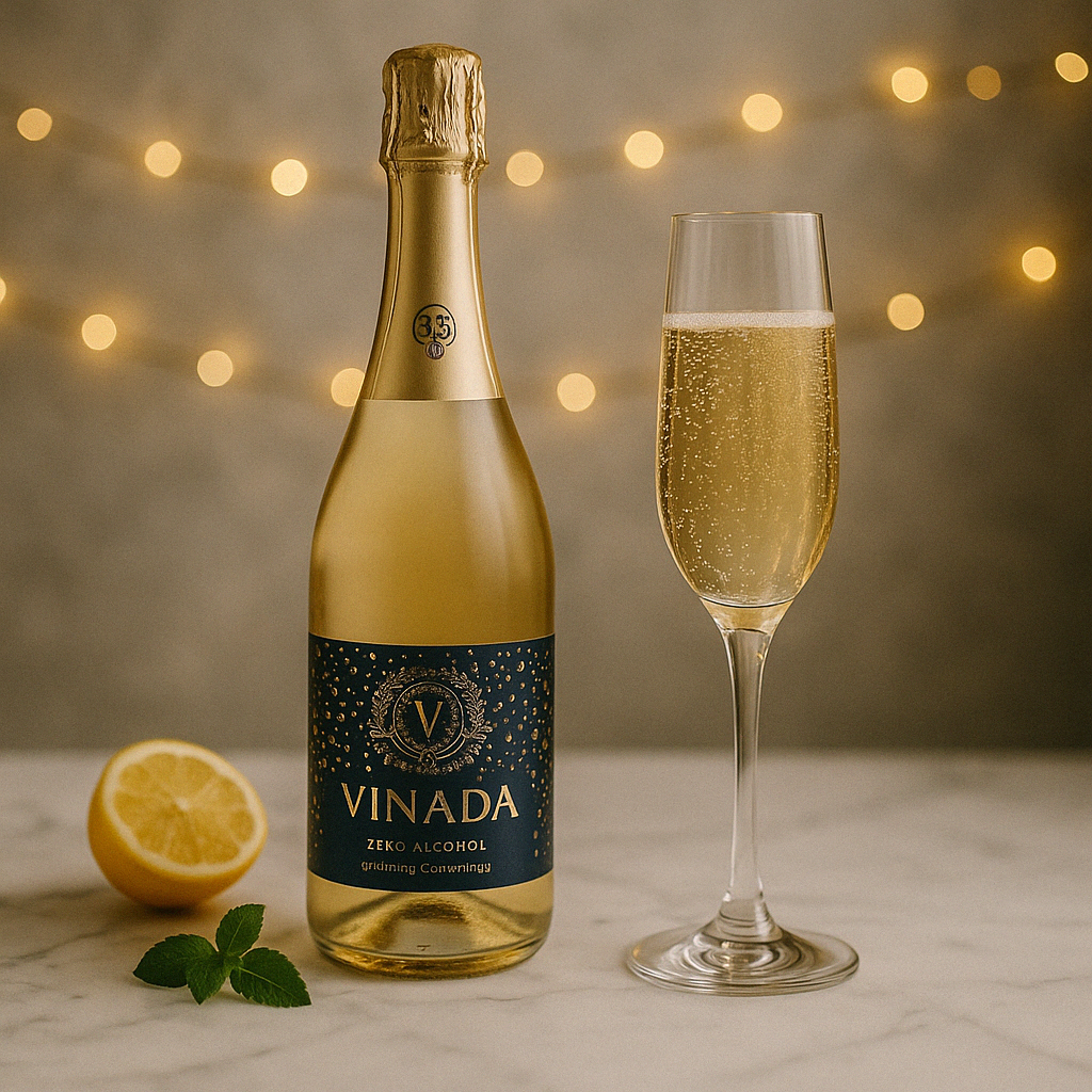 “Vinada Sparkling Chardonnay – non-alcoholic sparkling white wine”
“Vinada mini bottle and full-size alcohol-free bubbly”
“Stylish non-alcoholic wine with gold foil and fine bubbles”