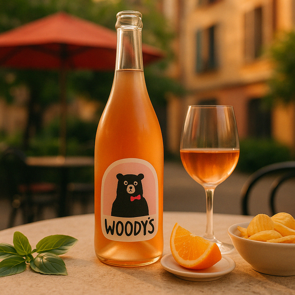 “Woody’s Rosé – alcohol-free sparkling rosé wine bottle”
“Fruity non-alcoholic pink wine with bubbles and citrus”