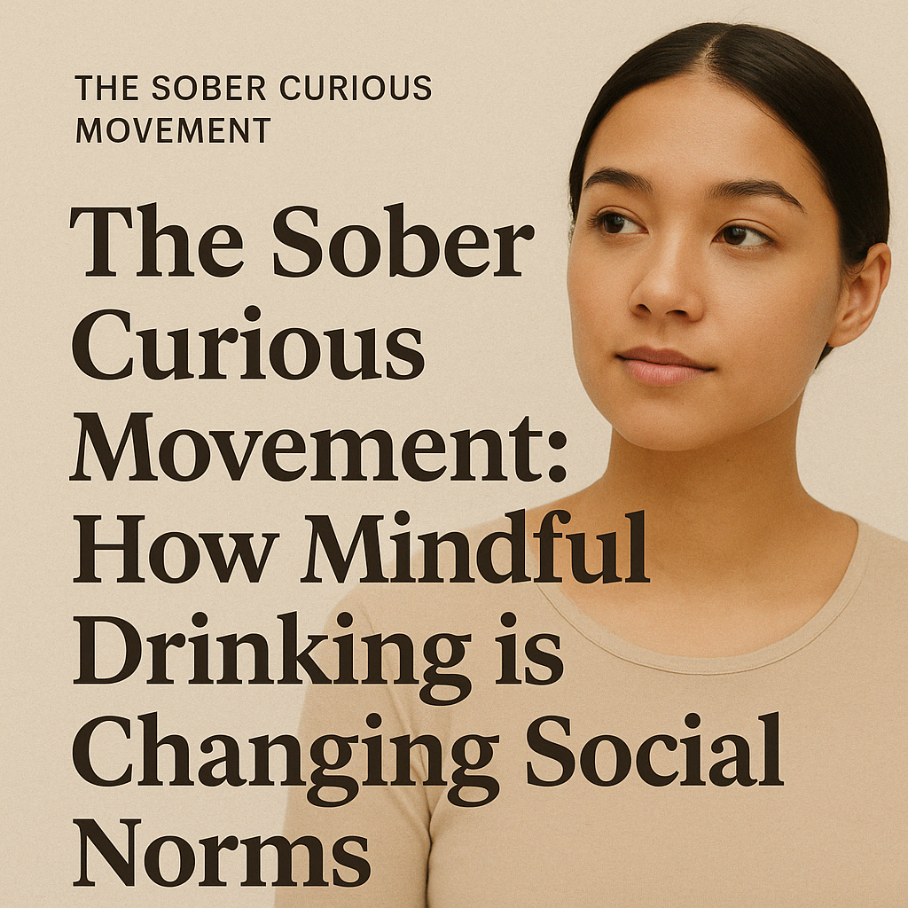 A digital graphic featuring the title “The Sober Curious Movement: How Mindful Drinking is Changing Social Norms” alongside a calm, confident woman. The image represents the rise of mindful drinking and the cultural shift toward alcohol-free lifestyles.