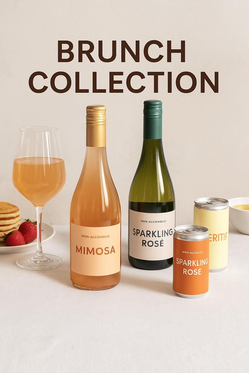 Non-alcoholic brunch drinks including mimosa alternatives, sparkling rosé, and citrus spritzers arranged with pancakes and fruit for a weekend brunch setting